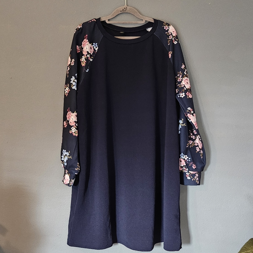 EMERY ROSE Dress Blue Floral Print Raglan Sleeve Plus Size 1XL